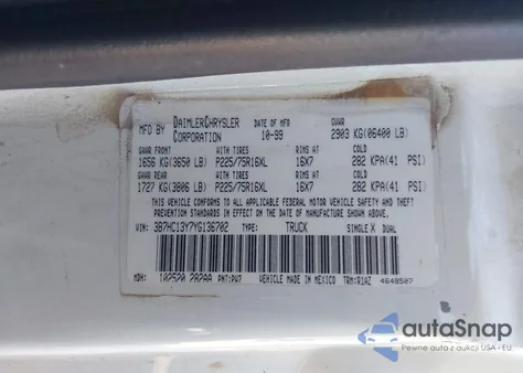 2000 Dodge Ram 1500 St z USA, uszkodzony, nr VIN 3B7HC13Y7YG136702